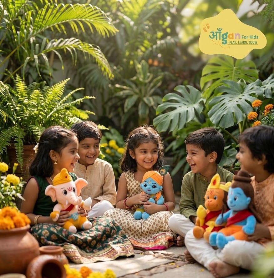 Children playing in an Indian courtyard with Aangan plush